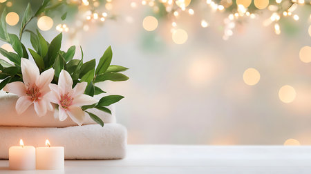 Beautiful spa composition with flowers and towels on table against blurred lightsの写真素材