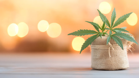 Cannabis plant in burlap bag on wooden table with bokeh backgroundの写真素材