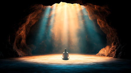 Mystical dark cave interior with human figure and light beam. 3D renderingの写真素材