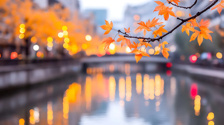 Beautiful autumn leaves with bokeh light in the city.の写真素材