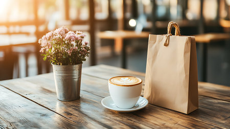 Coffee cup and shopping bag on wooden table in coffee shopの写真素材