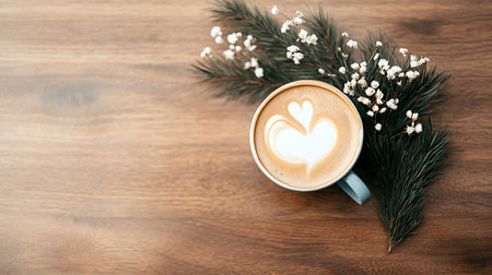 Cup of cappuccino with heart shape on wooden backgroundの写真素材