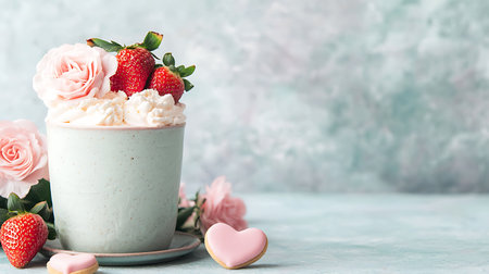 Strawberry milkshake with whipped cream and fresh strawberries in a cup on a light blue background.の写真素材