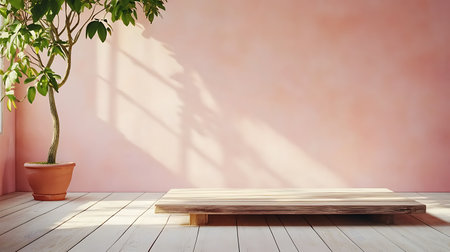 Empty wooden table in front of pink wall. 3D Renderingの写真素材