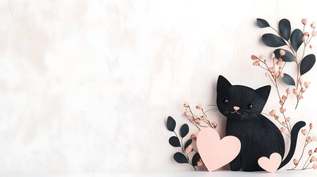 Valentine's day background with cute black cat and flowers.