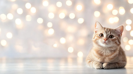 Cute little kitten on white wooden floor against blurred lights. Space for textの写真素材