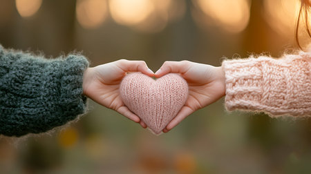 Hands of loving couple holding heart shape on nature background, closeup