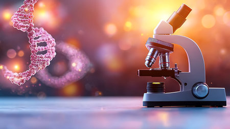 Microscope and dna molecule on abstract background. 3d illustration