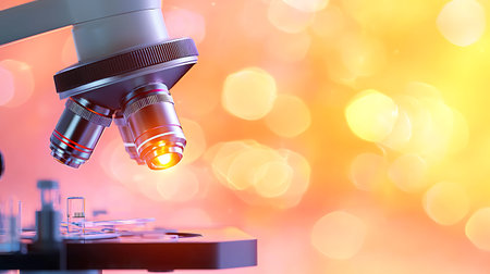 Microscope on bokeh background, science and medical concept.