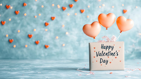 Valentine's day greeting card with heart shaped balloons and gift boxの写真素材