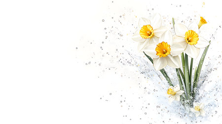 White daffodils on a white background with water drops.の写真素材