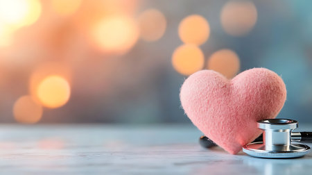Stethoscope and pink heart on bokeh background with copy spaceの写真素材