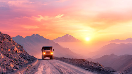 Truck on the road in mountains at sunset, 3d renderingの写真素材