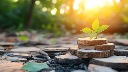 Tree growing on wood block in nature background,Ecology concept.