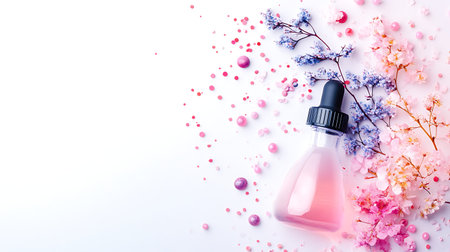 Bottle of perfume with flowers and confetti on white background.