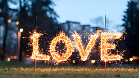 Burning sparklers forming the word LOVE on a green lawn at nightの写真素材