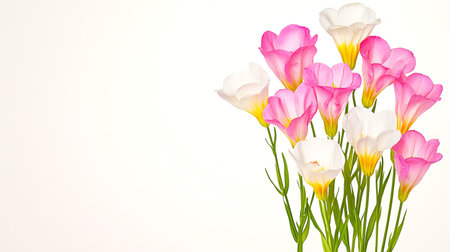 Bouquet of freesia flowers on white background with copy spaceの写真素材
