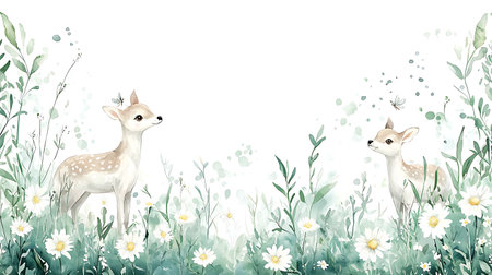 Seamless border with cute deer and daisies. Watercolor illustrationの写真素材