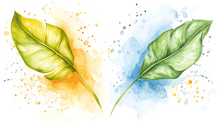 Watercolor green leaves on abstract watercolor background. Vector illustration.の写真素材