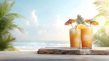 Cocktails on wooden table over tropical beach background. 3D Rendering