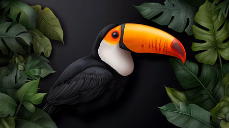 Toucan on black background with tropical leaves. Vector illustration.