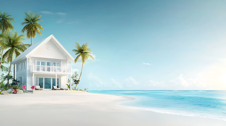3d render of tropical house on the beach with palm trees.の写真素材