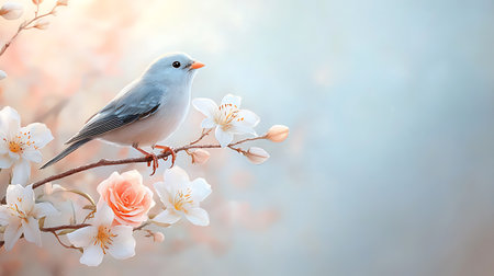 Bird on a branch of a blossoming tree. Spring background.の写真素材