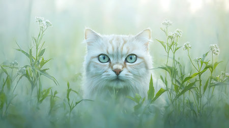 Cute cat with green eyes on the background of grass and flowers