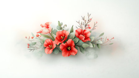 Bouquet of red flowers, eucalyptus leaves and branches on white backgroundの写真素材