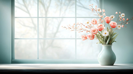 Spring flowers in vase on windowsill. 3D rendering.の写真素材