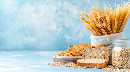 Variety of types and shapes of bread, pasta and cereals on light blue background. Copy space.の写真素材
