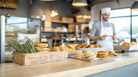 selective focus of man in apron holding wicker basket with cookiesの写真素材
