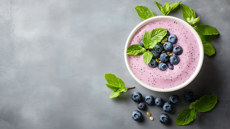 Blueberry smoothie bowl with fresh berries and mint on grey background, top viewの写真素材