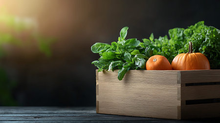 Wooden box with fresh herbs and pumpkin on wooden table, closeup
