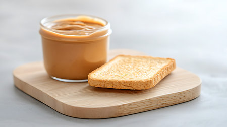 toast with peanut butter on wood plate - healthy food and drink
