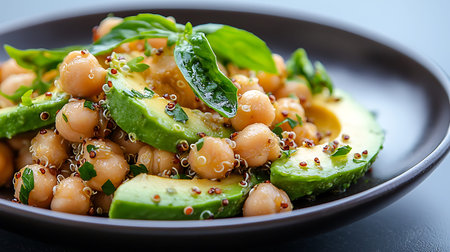 Chickpeas salad with avocado, cucumber and basil.の写真素材