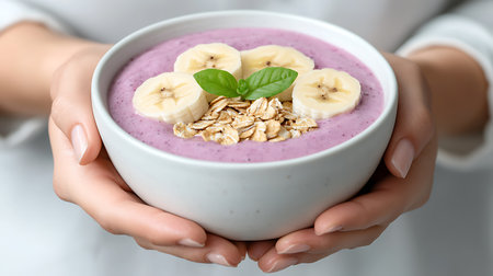 Woman holding bowl with tasty smoothie, closeup. Healthy breakfastの写真素材