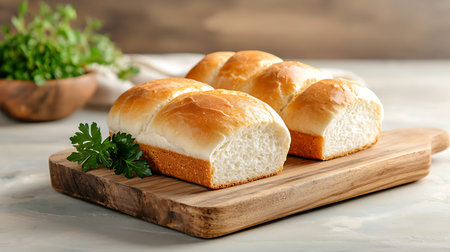 Bread rolls with butter and herbs on wooden board, closeup