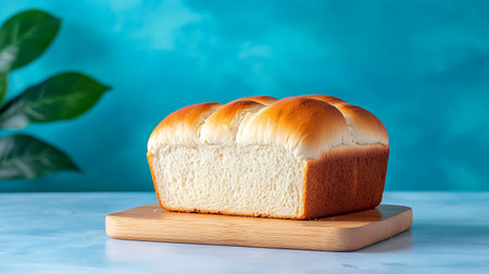 loaf of white wheat bread on a blue background. copy space