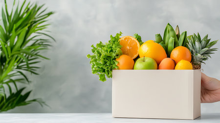 Hand holding a box of fresh fruits and vegetables on a gray backgroundの写真素材