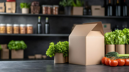 cardboard box with vegetables on table in modern kitchen, food delivery conceptの写真素材