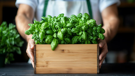 Fresh basil in a wooden box in the hands of a man.の写真素材
