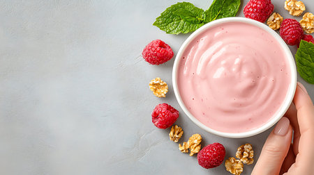 Raspberry yogurt in a bowl with fresh raspberries and walnuts on a gray background, top view, copy...