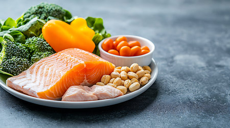 Healthy food clean eating selection: salmon, chickpeas, broccoli, cashew nuts.