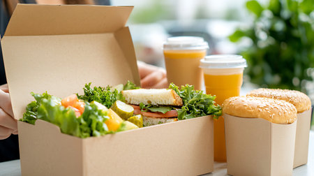 Close-up of fast food delivery box with hamburger, salad and coffee