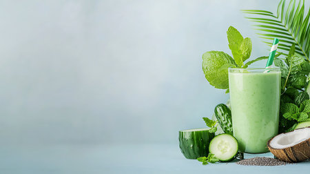 Green smoothie with cucumber, mint and coconut on blue background.の写真素材