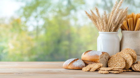 Bread and wheat on wooden table in front of nature background.