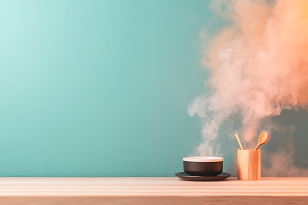 Wooden table with aroma sticks, wooden spoon and steam on turquoise background. Mock up, 3D Renderingの写真素材