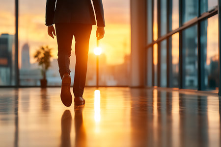 Low section of businesswoman walking in office at sunrise. Concept of successの写真素材
