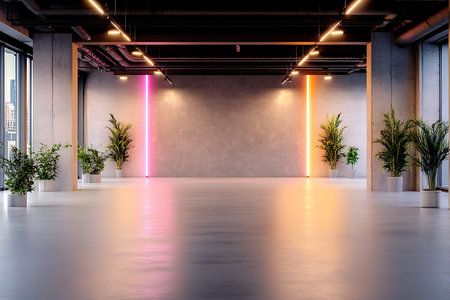 Interior of modern office with empty concrete walls, concrete floor and green plants. 3d rendering